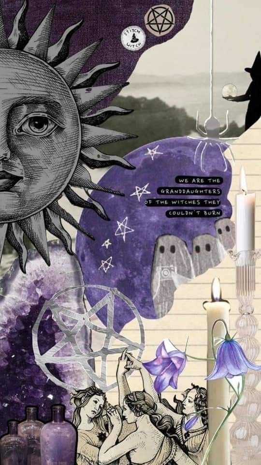 an artistic collage with candles, pictures and other things on it's side