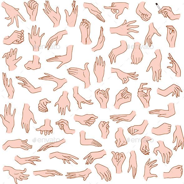 a collection of hands and gestures drawn in pink ink