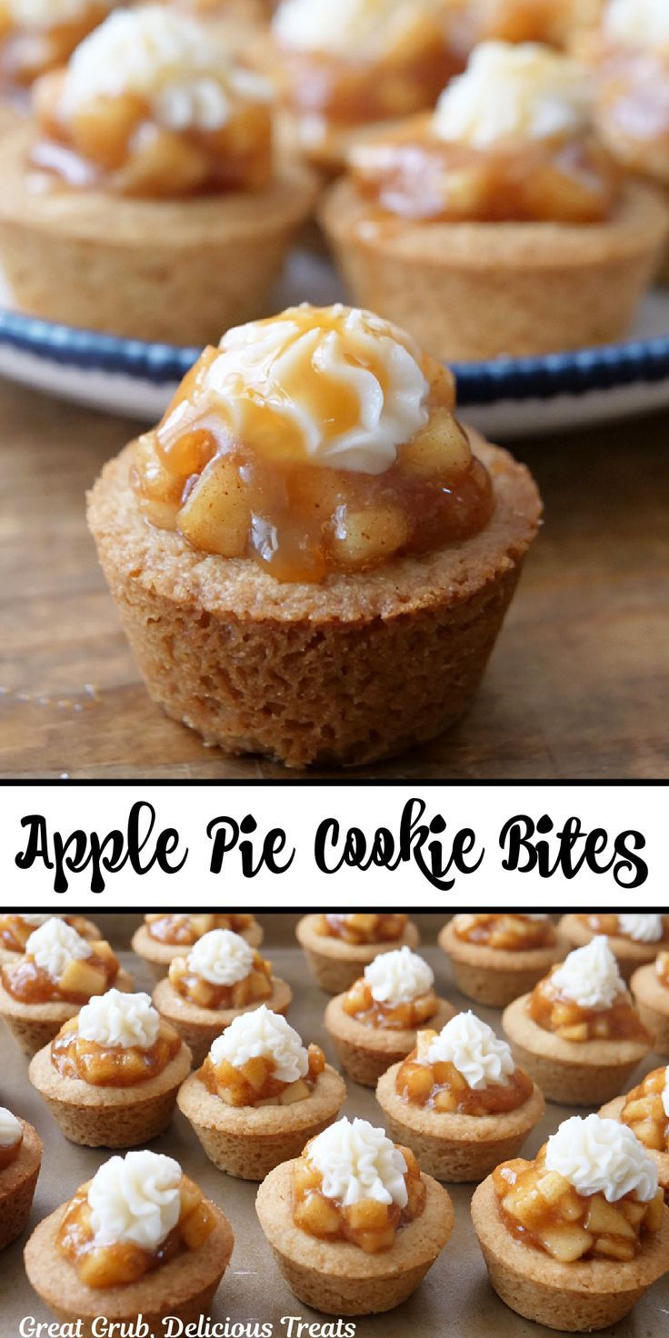 A double collage photo of mini apple pie cookie cups. Apple Pie Cookie Cups, Easy Bite Size Desserts, Tart Apple Pie, Apple Crisp Bites, Boston Cream Pie Cookie Bites, Easy Boston Cream Pie, Recipe For Apple Crisp, Holiday Munchies, Apple Pie Cookie