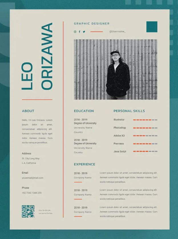 a professional resume template with an orange and blue color scheme