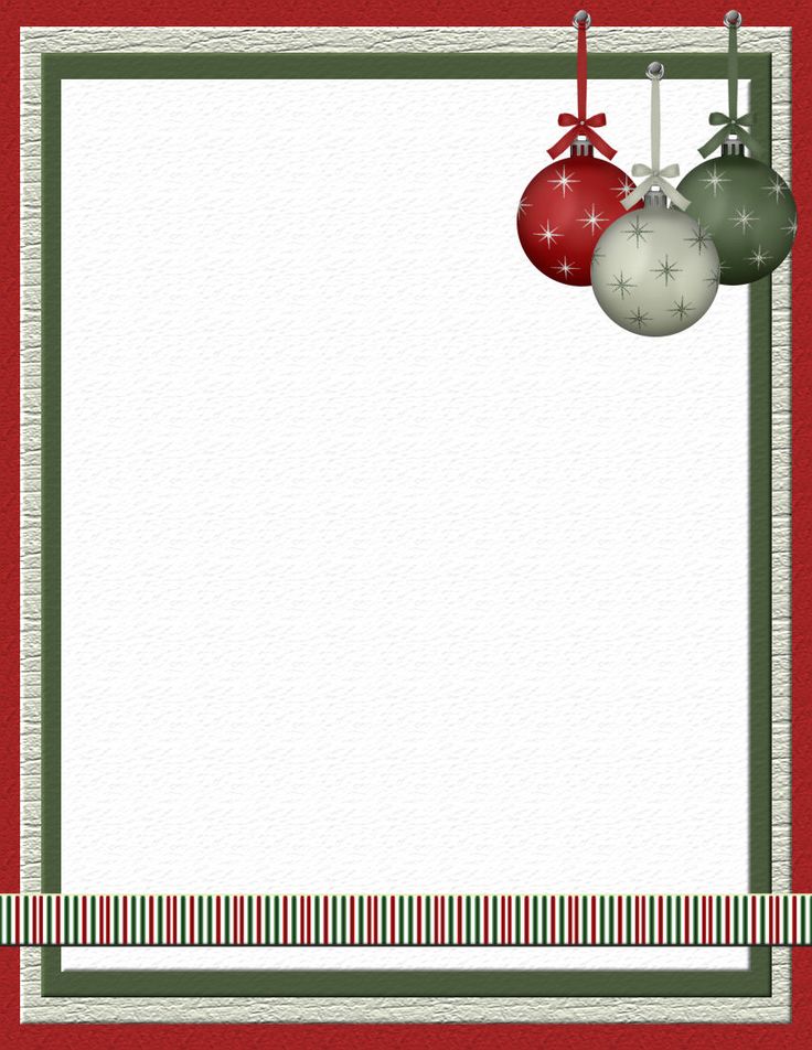 a red and green christmas card with ornaments hanging from it's sides, in front of a white background