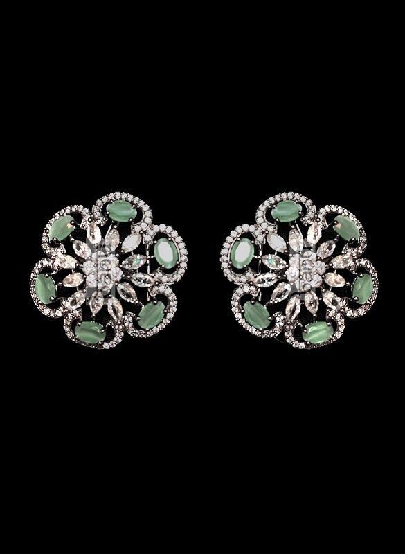 "This piece is quite unique studded with CZ crystal gemstones. Traditional Indian bridal earrings made with hammered metal and plated with silver. Gorgeous floral design makes this piece a stunner. Clear CZ stone setting further adorns this earring jewelry.  Luxurious green stone all over this bridal jewelry adds color to this stud. Green Onyx crystal makes this stud earrings one of a kind. Perfect to enhance any of your attires for a special day.  Approximate earrings 3.5\" Details: Handcrafted Indian Bridal Earrings, Green Onyx Crystal, Green Tassel Earrings, Green Onyx Stone, Western Necklaces, Wedding Diamond, Onyx Crystal, San Ramon, Gold Bracelet Cuff