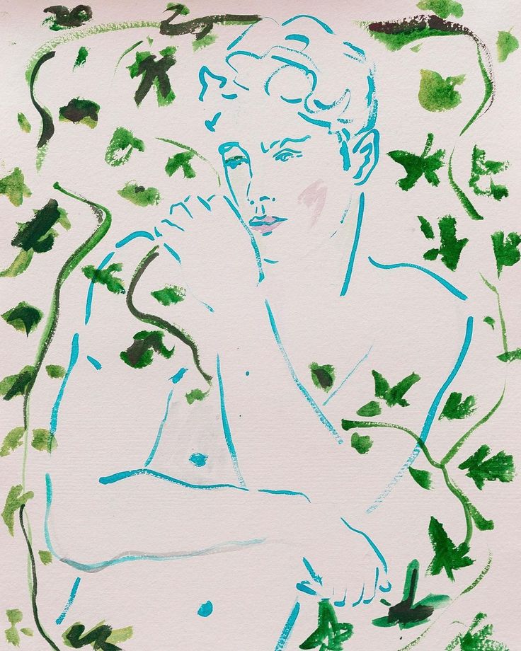 a drawing of a man with green leaves on his shoulders and arms around him, in front of a white background