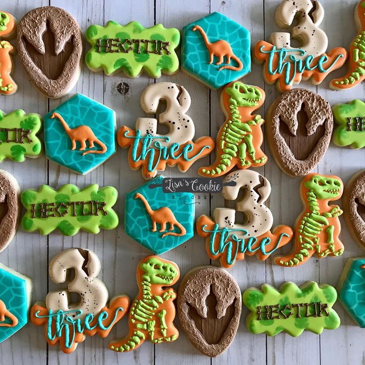 decorated cookies with dinosaurs and names on them