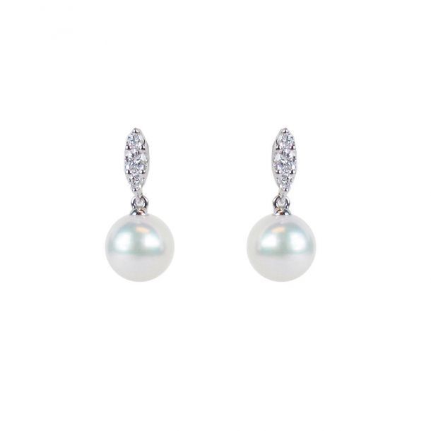 MIKIMOTO Akoya Cultured Pearl and Diamond White Gold Earrings 1/5ctw | REEDS Jewelers Timeless Platinum Drop Earrings, Elegant Platinum Diamond Earrings Gift, Elegant Platinum Diamond Earrings For Anniversary, Exquisite White Gold Drop Diamond Earrings, Diamond White Platinum Drop Earrings, Elegant Diamond White Earrings With Diamond Accents, Elegant Platinum Cluster Earrings As Gift, Elegant Platinum Diamond Earrings For Formal Occasions, Platinum Brilliant Cut Drop Earrings