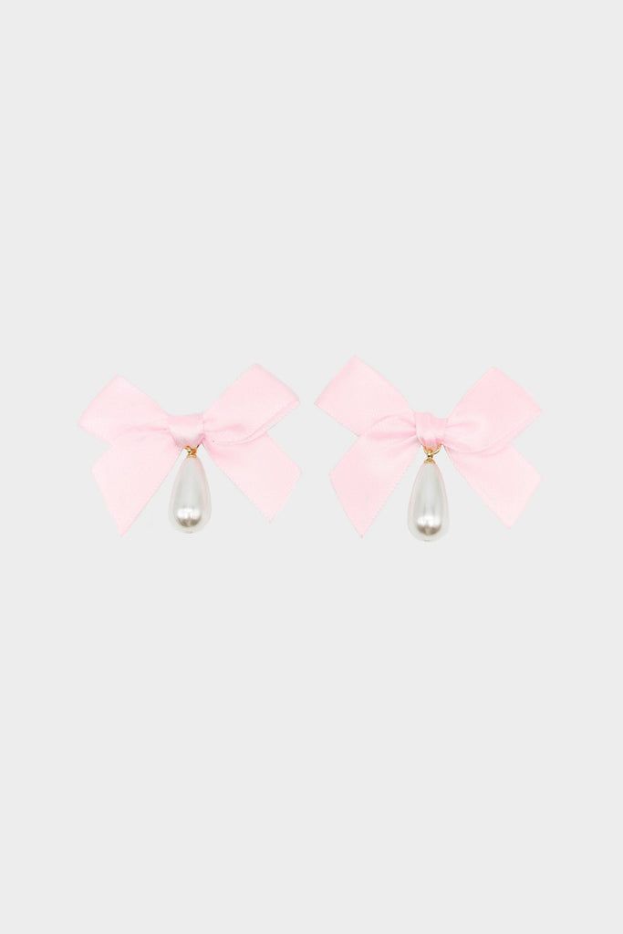 Bow Drop Pearl Earrings Formal Pearl Drop Earrings With Bow, Formal Bow Drop Pearl Earrings, Feminine Ribbon Jewelry For Party, Feminine Party Jewelry With Ribbon Detail, Feminine Evening Jewelry With Bow, Wedding Pearl Drop Earrings With Bow, Feminine Party Jewelry With Pink Bow, Elegant White Jewelry With Pink Bow, White Pearl Earrings With Bow For Party