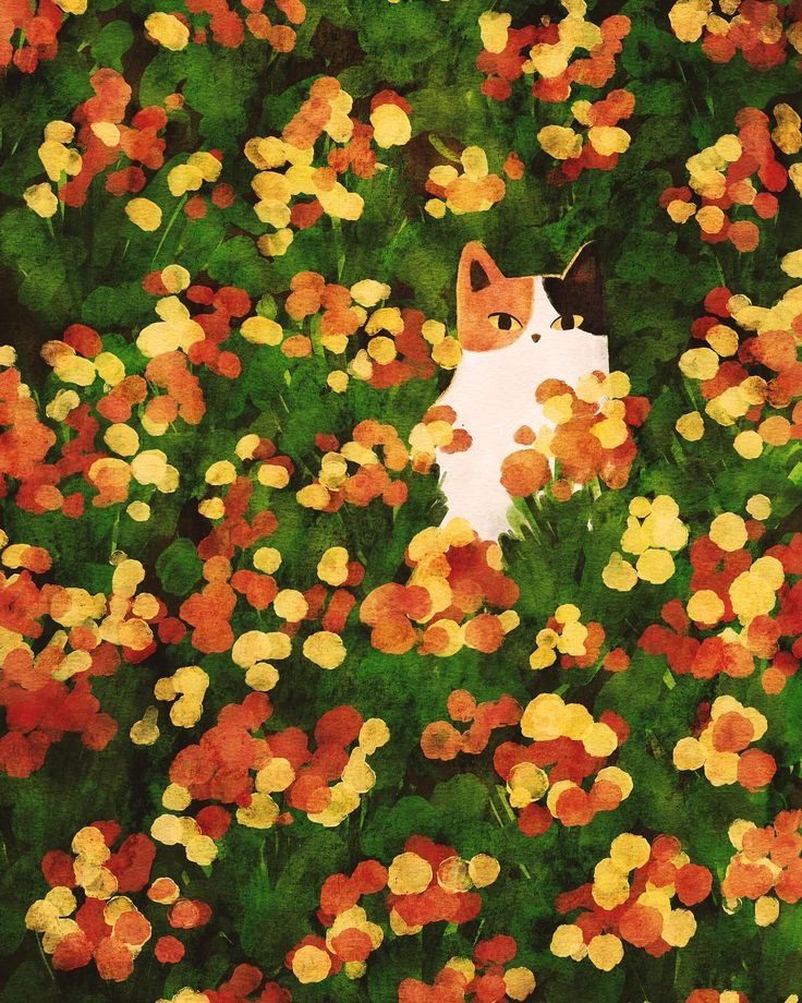 a painting of a cat in a field of flowers