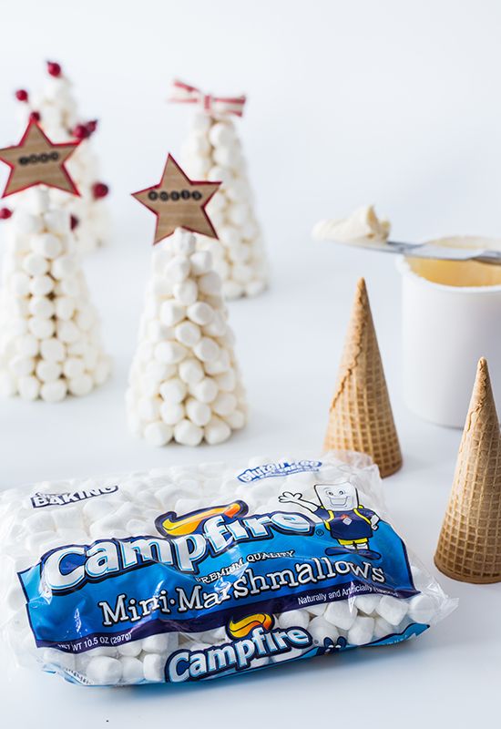 marshmallows in cones are placed next to small trees made out of candy