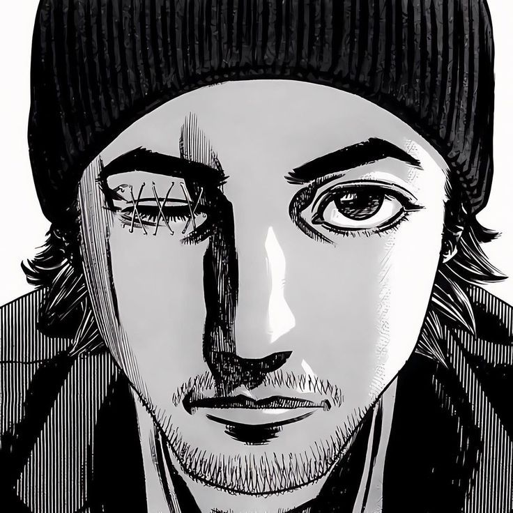 a drawing of a man wearing a beanie and looking at the camera with eyes wide open