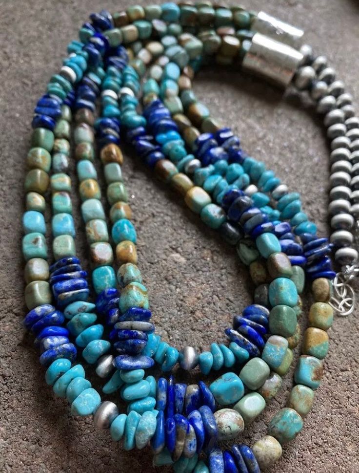 Sterling Silver Multi Strand Blue Green Turquoise Lapis Bead Necklace. 26 inch Turquoise Gemstone Beads Necklace For Jewelry Making, Blue Bohemian Jewelry With Large Beads, Blue Turquoise Necklace With Round Beads, Hand-strung Blue Multi-strand Necklace, Bohemian Blue Turquoise Necklace With Natural Stones, Blue Turquoise Gemstone Beads Necklace For Spiritual Style, Bohemian Blue Turquoise Necklace With Round Beads, Handmade Southwestern Blue Beaded Necklace, Spiritual Blue Turquoise Necklace With Gemstone Beads