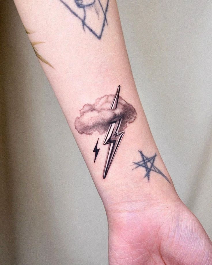 a person's arm with tattoos on it and an airplane flying in the sky