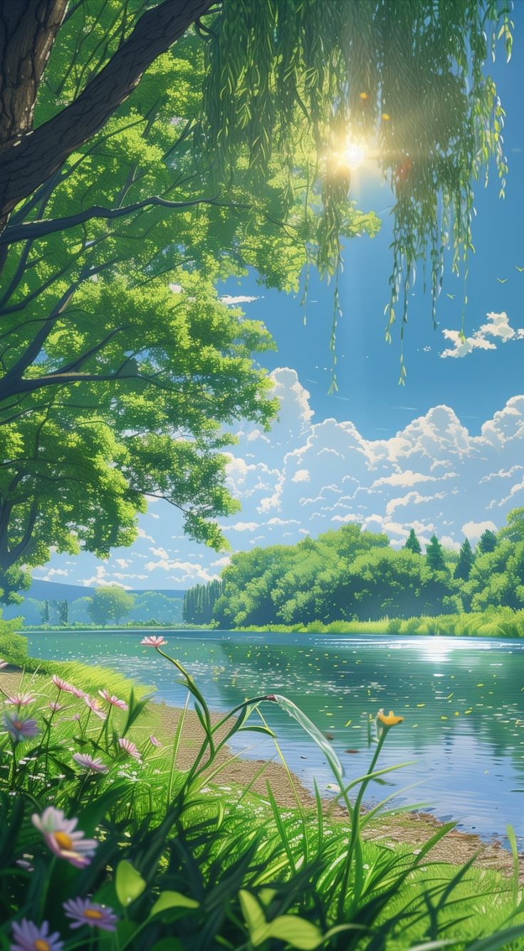 the sun shines brightly through the clouds over a lake and trees, with daisies in the foreground