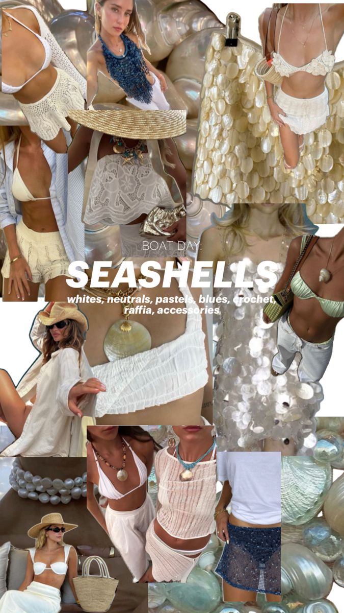 the collage shows several different images of women in bathing suits and hats, with text that reads seashells