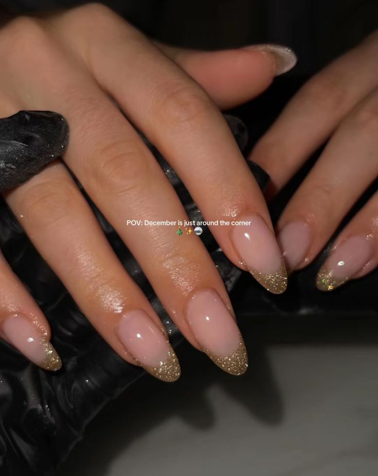 Nude Sparkle Nails, Gold Sparkly Nails, Gold Tip Nails, Gold Sparkle Nails, Nude Nails With Glitter, 21st Birthday Nails, Sparkly Acrylic Nails, Nye Nails, Nyc Nails