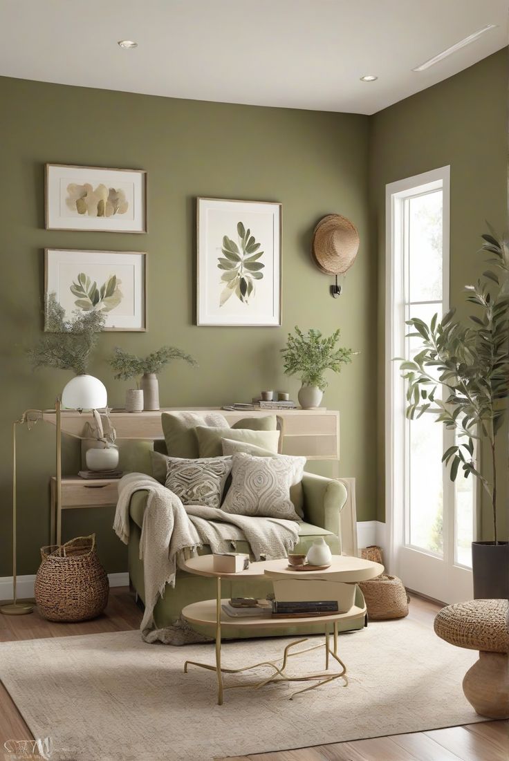 a living room with green walls and furniture