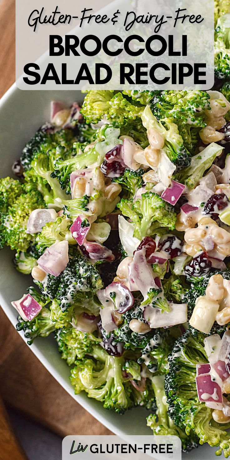 broccoli salad in a white bowl with text overlay