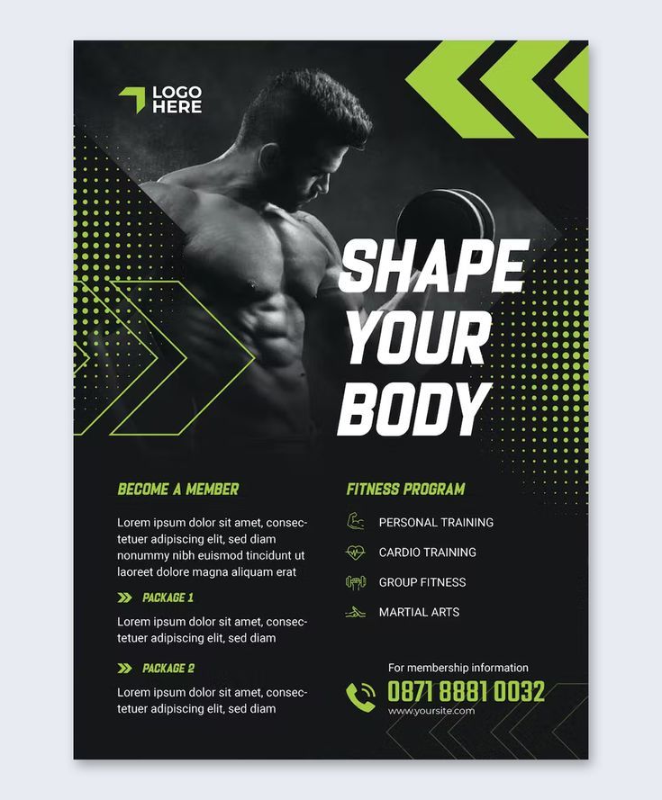 a flyer for a bodybuilding gym with an image of a man's torso