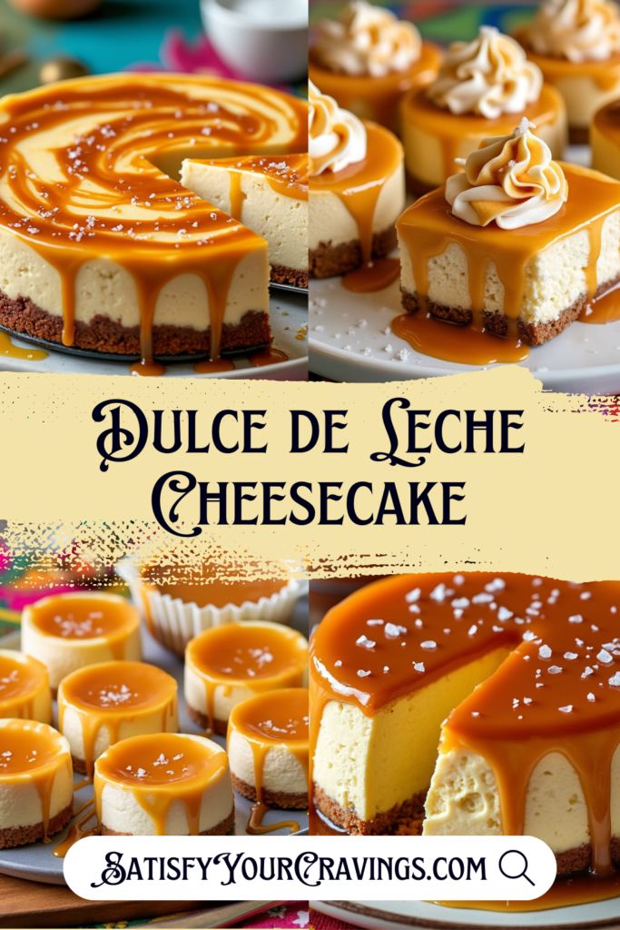 cheesecakes with caramel sauce and whipped cream on top are shown in this collage