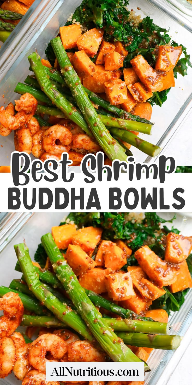 the best shrimp and asparagus bowl recipe is in two separate glass containers with text overlay