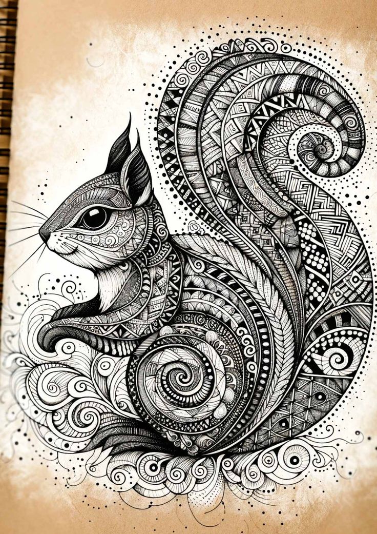 an ink drawing of a squirrel with swirls on it's tail and eyes