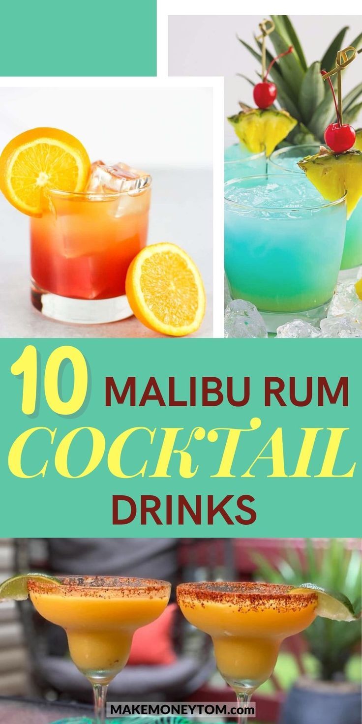 various cocktails with text overlay that reads 10 malbu rum cocktail drinks