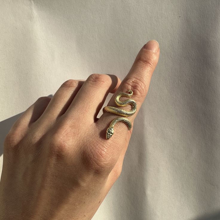 14k Solid Gold Snake Ring | Certified Solid Gold Serpent Ring, Witchcraft Jewelry, Gift for Her 14k Solid Gold Snake Ring 🐍 - The ring is made of certified 14k Solid Gold (585) - The ring is adjustable by hand which can fit on all types of fingers - Easy to wear / Lightweight - Detailed Engraving Historically, serpents and snakes represent fertility or a creative life force. As snakes shed their skin through sloughing, they are symbols of rebirth, transformation, immortality, and healing. ● Pur Fine Jewelry Brass Promise Ring, Fine Brass Jewelry For Promise Ring, Luxury Gold Snake Ring With Gemstone, Fine Jewelry Brass Ring, Luxury 14k Gold Snake-shaped Ring, Luxury Snake-shaped Jewelry For Anniversary, Yellow Gold Brass Snake Ring For Gift, Yellow Gold Brass Snake Ring As Gift, Gold Snake Shape Rings For Anniversary