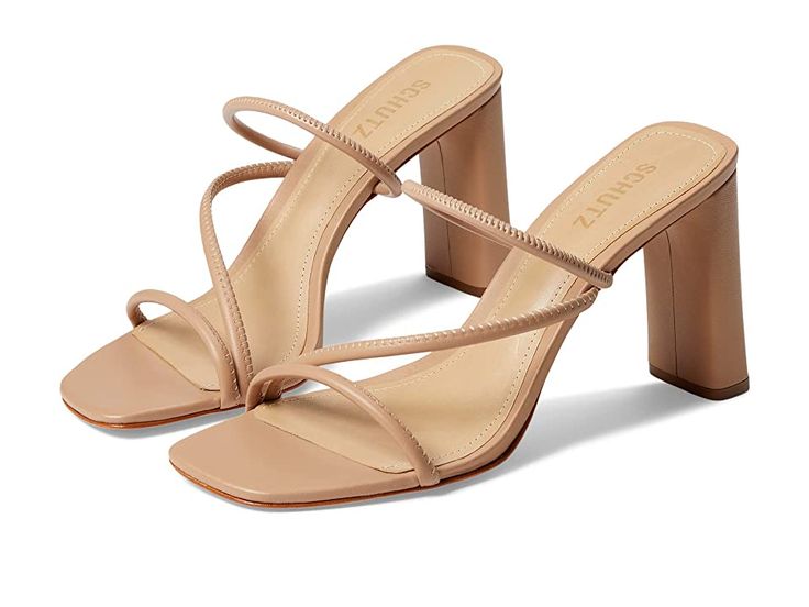 Schutz Chessie - Women's Sandals : True Beige : Slip into a classy elegant look in Schutz Chessie sandals with block heels. Leather and textile upper. Leather lining. Padded leather insole. Slip-on style. High-block heels. Square toe silhouette. Leather outsole. Made in Brazil. Measurements: Heel Height: 4 in Weight: 0.0282 oz Product measurements were taken using size 7, width M. Please note that measurements may vary by size. Square Toe Sandals, Tan Woman, Leather Platform Sandals, White Slip, White Sandals, Made In Brazil, Tan Color, Nappa Leather, Women's Sandals