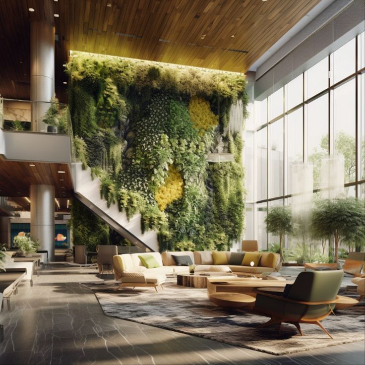 a living room filled with lots of furniture and greenery on the wall behind it