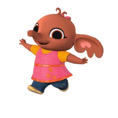 a cartoon character with big eyes and an orange shirt, standing in front of a white background