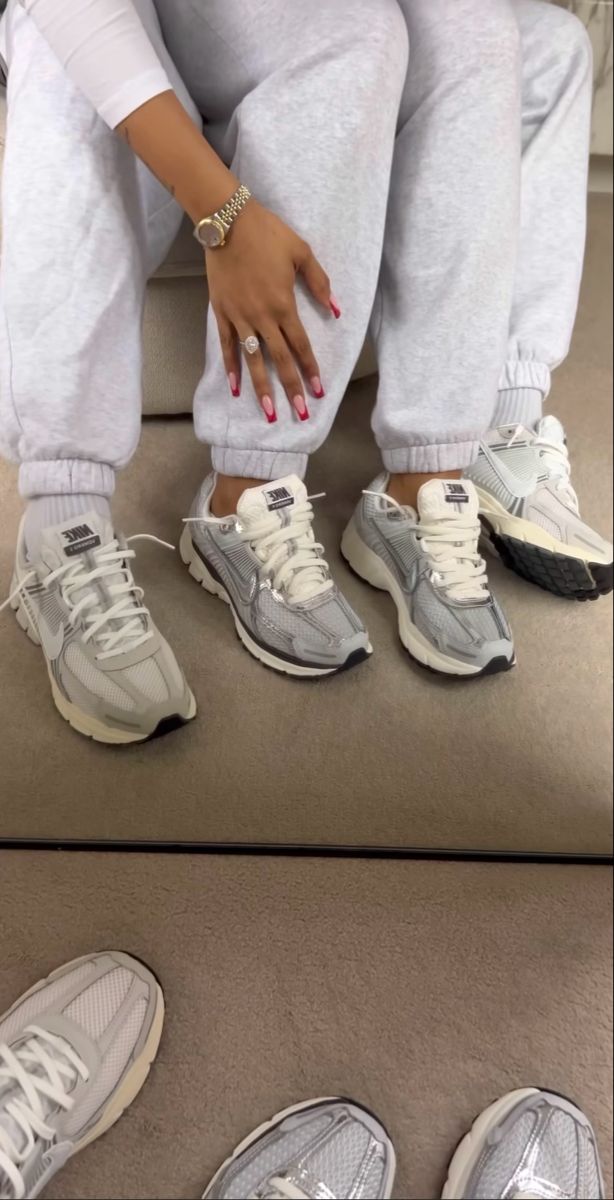 #nike #hisandhers #matching #aesthetic #trainers #sneakers #grey #mirror #couplestyle Cute Nike Trainers, Aesthetic Trainers, Nike V2k, Matching Aesthetic, Couple Sneakers, Ootd Streetwear, Crocs Fashion, Basket Nike, Grey Mirror