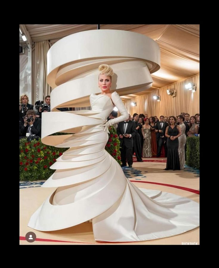 a woman in a white dress standing next to a giant sculpture on the red carpet