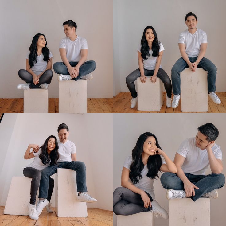 four different shots of a man and woman sitting on boxes