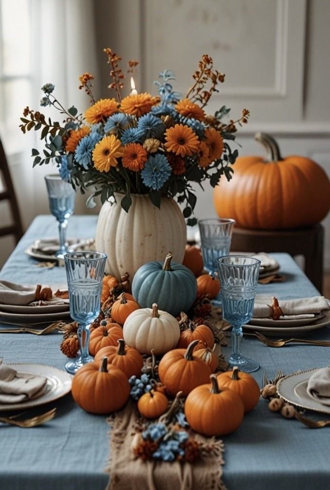 a blue table cloth with pumpkins and flowers on it, along with other place settings