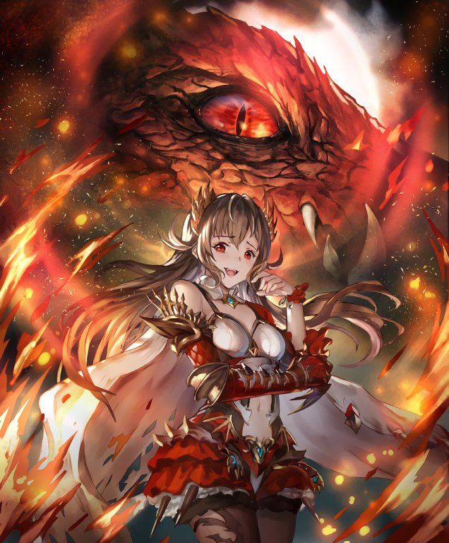 an anime character in front of a dragon with fire coming out of her chest and arms