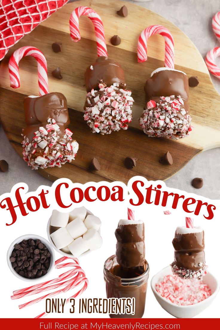 hot cocoa stirrers with candy canes and marshmallows on a cutting board