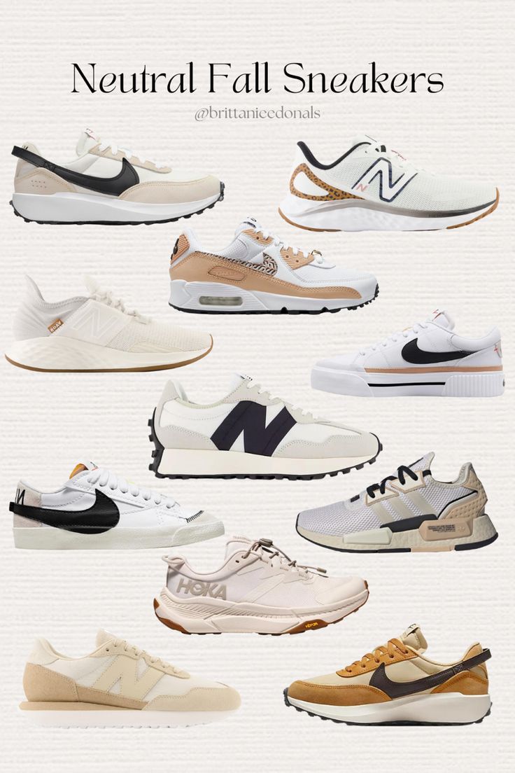 Tan sneakers collage with multiple tennis shoes on it. Camel Tennis Shoes, Tan Veja Sneakers Outfit, Professional Outfits Women Tennis Shoes, Tan Running Shoes, Neutral Color Tennis Shoes, Wearing Tennis Shoes To Work, Lifestyle Sneakers Women 2023, Womens Fall Sneakers Outfit, Beige Nike Shoes Outfit