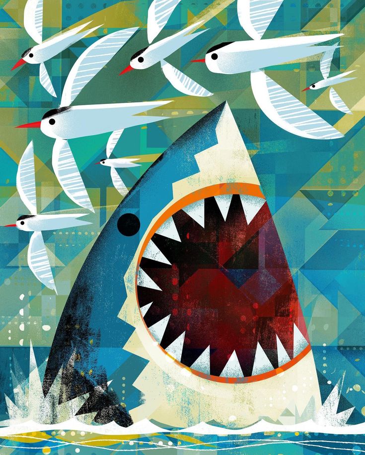 a shark with its mouth open in front of birds flying over the water and on top of it