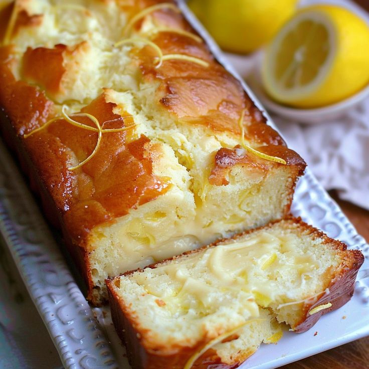 a loaf of lemon bread sitting on top of a white plate next to sliced lemons