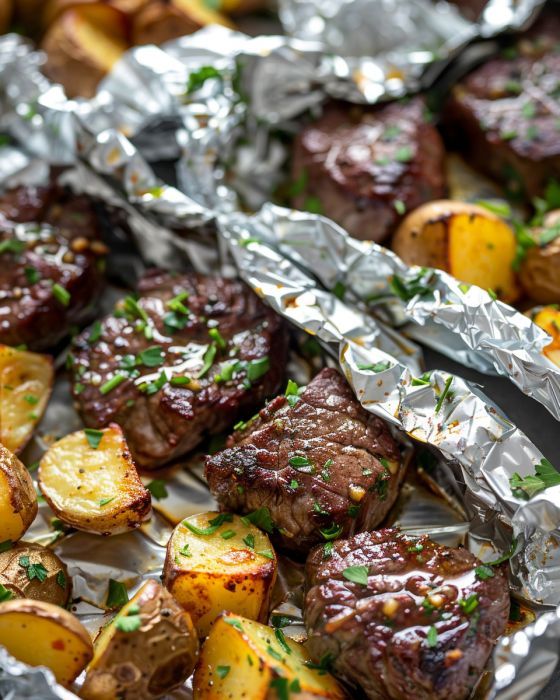 steak and potatoes in foil with herbs on the side, ready to be eaten or served