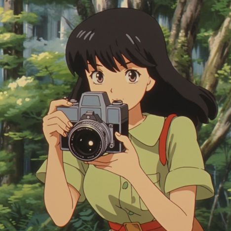 a woman holding a camera in front of her face while standing next to some trees