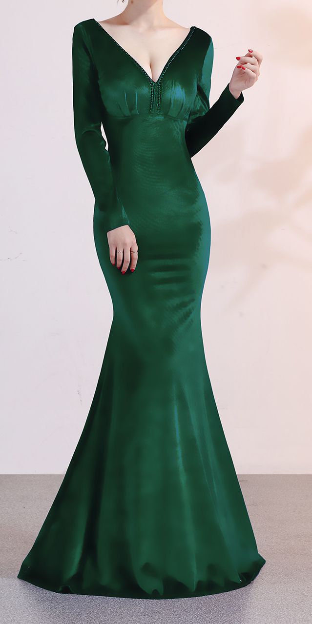 Elegant Green V-neck Long Sleeve Dress, Dark Green Floor-length Party Dress, Elegant Dark Green Prom Dress, Floor-length Dark Green Prom Dress, Dark Green Floor-length Prom Dress, Dark Green Formal Dress For Prom Season, Elegant Long Sleeve Full Length Party Dress, Green V-neck Maxi Dress For Banquet, Party Dark Green Maxi Dress