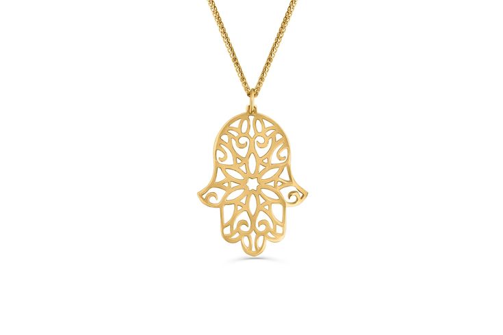 "Since ancient times in east culture Hamsa was considered a very strong amulet and also brought good luck and protection from evil to its owner. In our case - unique Hamsa necklace crafted in filigree technique & made of white gold, rose gold or classic yellow gold. A perfect birthday gift or good luck gift for someone you care. ✦ Details -Gold weight: 1.56 grams -Weight: 0.8\" -Height: 1.06\" -Choose the Wheat style chain length: 16''/18''/20'' -Choose between 14k or 18k solid gold -Choose Elegant Bronze Necklace For Ceremonial Use, Symbolic Medallion Jewelry For Ceremonial Occasion, Ornate Brass Necklace Perfect For Gifting, Traditional Pendant Charm Necklaces For Gift, Traditional Pendant Charm Necklace As Gift, Traditional Sterling Silver Jewelry In Gold, Gold Sterling Silver Temple Necklace Gift, Gold Temple Necklace In Sterling Silver As A Gift, Traditional Gold Jewelry In Sterling Silver