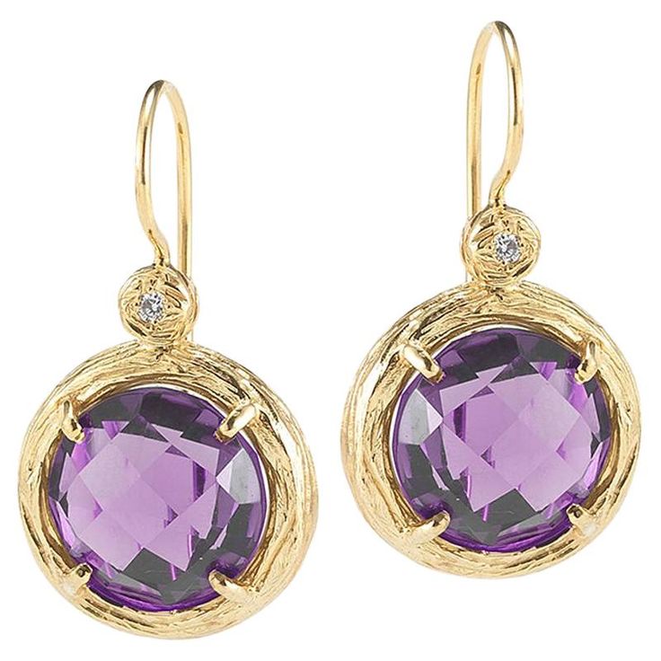 14 Karat Yellow Gold Hand-Crafted Polish-Finished and Textured Drop Earrings, Centered with a Semi-Precious Round Checkerboard Amethyst Color Stone Accented with 0.03 Carats of Bezel Set Diamonds on a French-Hook Closure. Gold Drop Earrings Coulered Stone, Luxury Yellow Gold Earrings With Gemstone Accents, Gemstone Round Earrings, Luxury Polished Finish Jewelry With Round Stone, Cheap Elegant Faceted Earrings, Luxury Handmade Amethyst Earrings, Luxury Amethyst Jewelry With Polished Finish, Luxury Traditional Faceted Jewelry, Cheap Faceted Earrings For Women