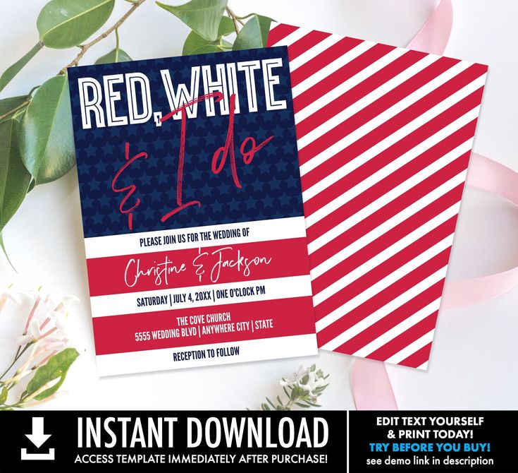 red, white and blue wedding card with flowers