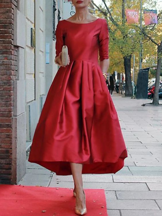 Elegant Satin Crew Neck Half Sleeve Plain Dress Fall Evening Dresses Elegant, A Line Cocktail Dress Evening Party, Satin A-line Dress For Formal Occasions, Elegant Ball Gown For First Communion, Formal Evening A-line Gown, Formal Evening Ball Gown, Elegant Fitted A-line Tea Length Dress, Elegant Pleated A-line Tea Length Dress, Elegant Formal Gown For Prom Season