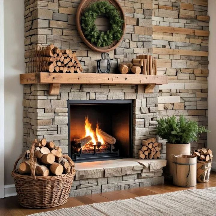 a fireplace with logs and wreaths on the mantle