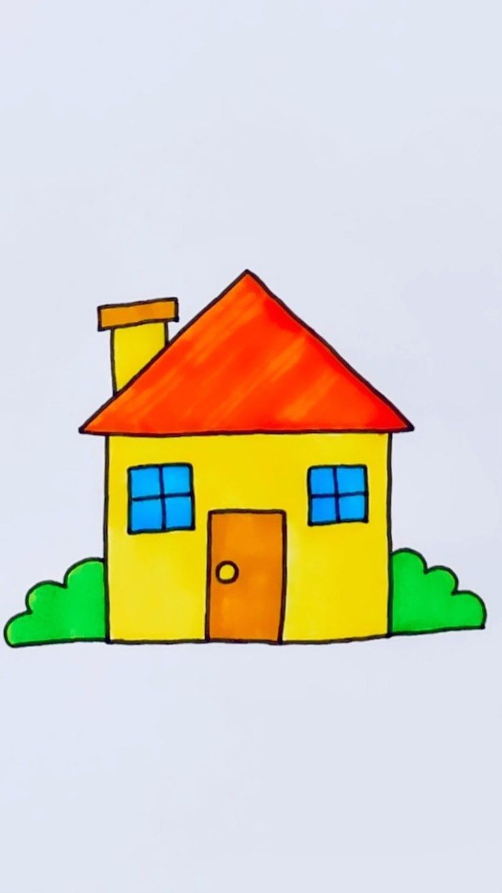 a child's drawing of a yellow house with a red roof and chimneys