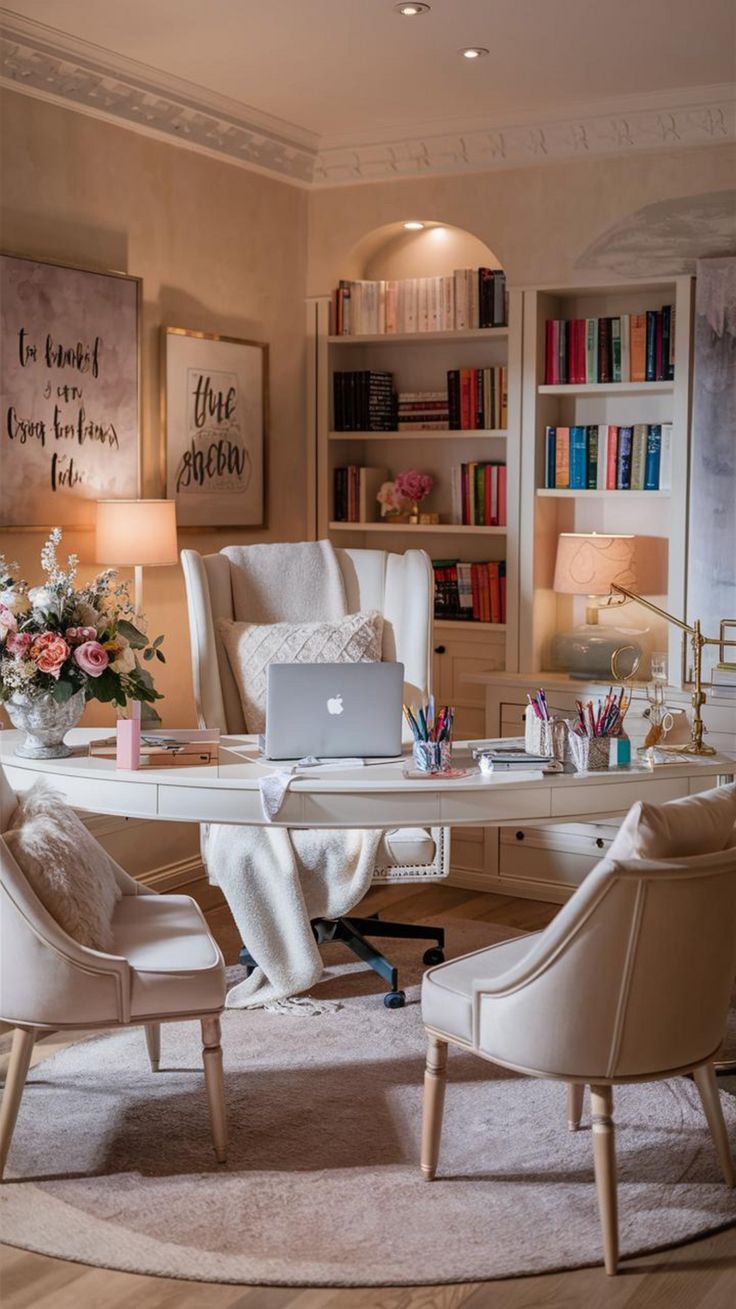 a home office with two chairs, a desk and a laptop on top of it