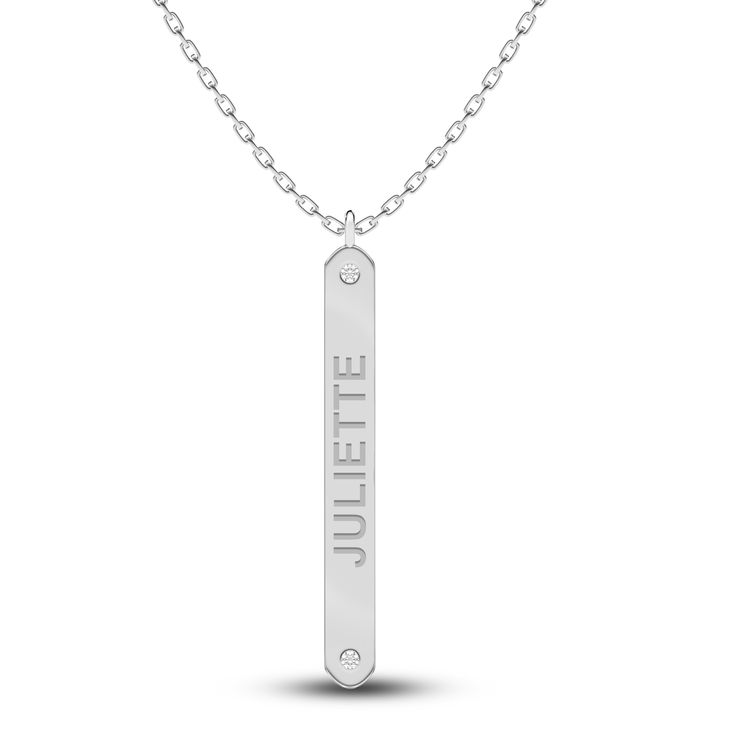 This classic nameplate style pendant necklace from the Juliette Maison collection features an engravable name or word of your choice (up to 8 upper-case letters), hugged by two dainty round diamonds. Wear it as a statement or expression of love for a person or place you want to keep close to you always. Fashioned in 10K white gold, the 18-inch chain secures in place with a lobster clasp. This necklace may be personalized with 1 to 8 letters. Personalized White Gold Necklace With Engraving, Anniversary Necklace With Engraving Option On Rectangular Pendant, Classic White Gold Jewelry With Engraved Text, White Gold Nameplate Jewelry With Engraving Option, Elegant Name Necklace With Engraving For Anniversary, Elegant Pendant Name Necklace With Engraving Option, Classic Silver Necklace With Engraved Text, Engraved White Gold Custom Nameplate Necklace, Classic Silver Necklaces With Engraved Text