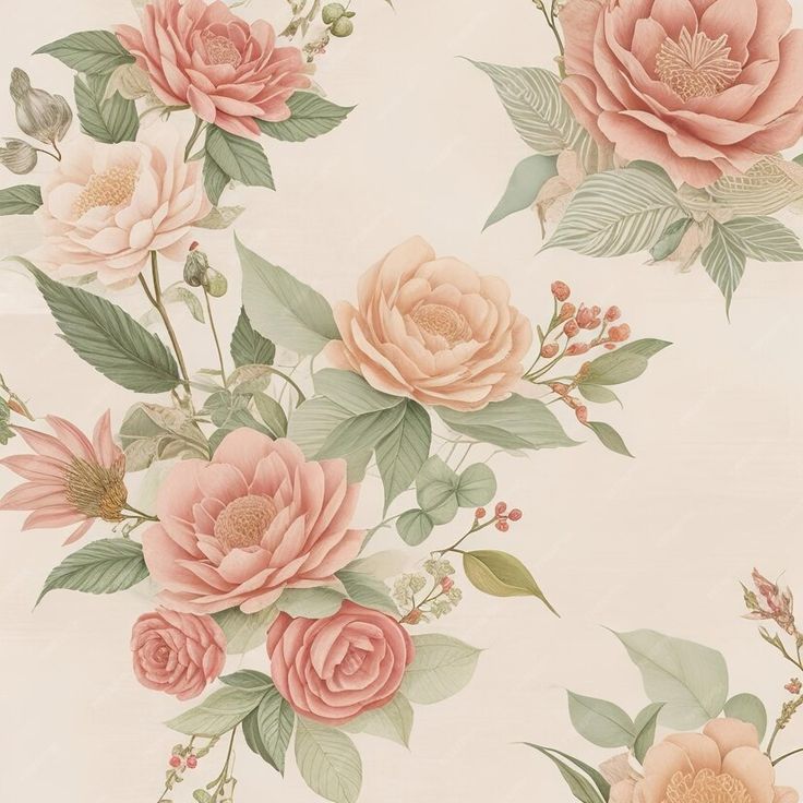 a wallpaper with pink flowers and green leaves on the bottom half of each flower